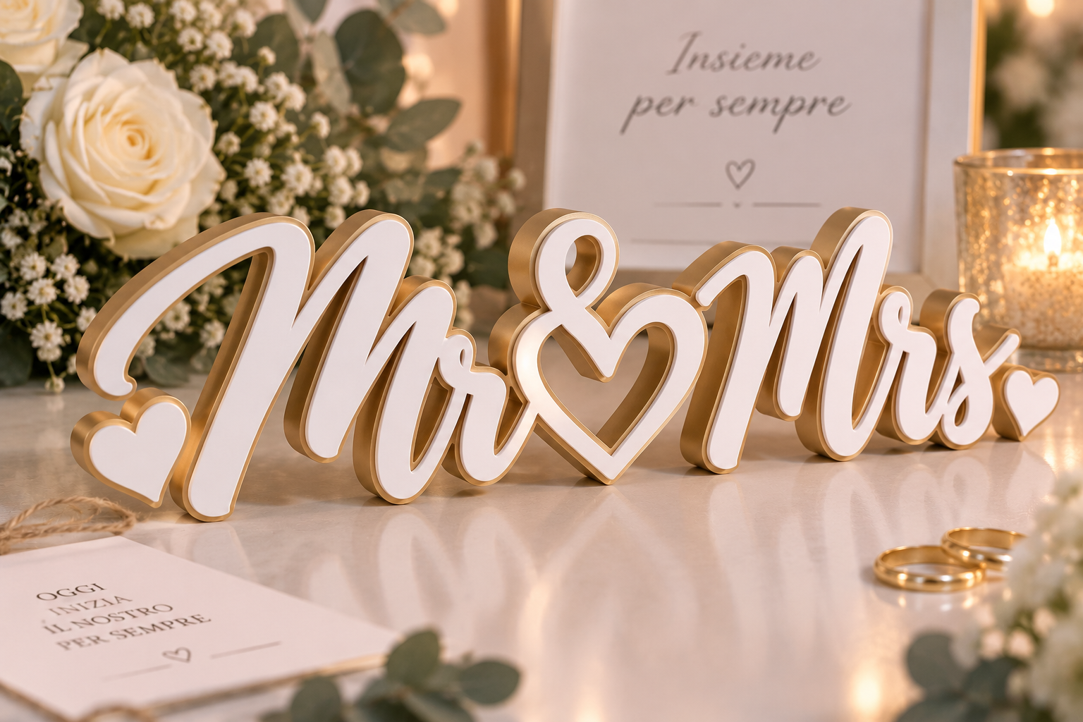 Scritta 3D Mr e Mrs bianca e oro per matrimonio