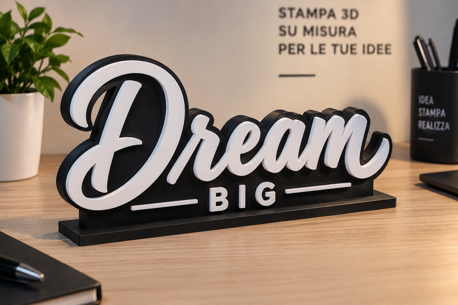 Scritta 3D Dream Big bianca e nera con base