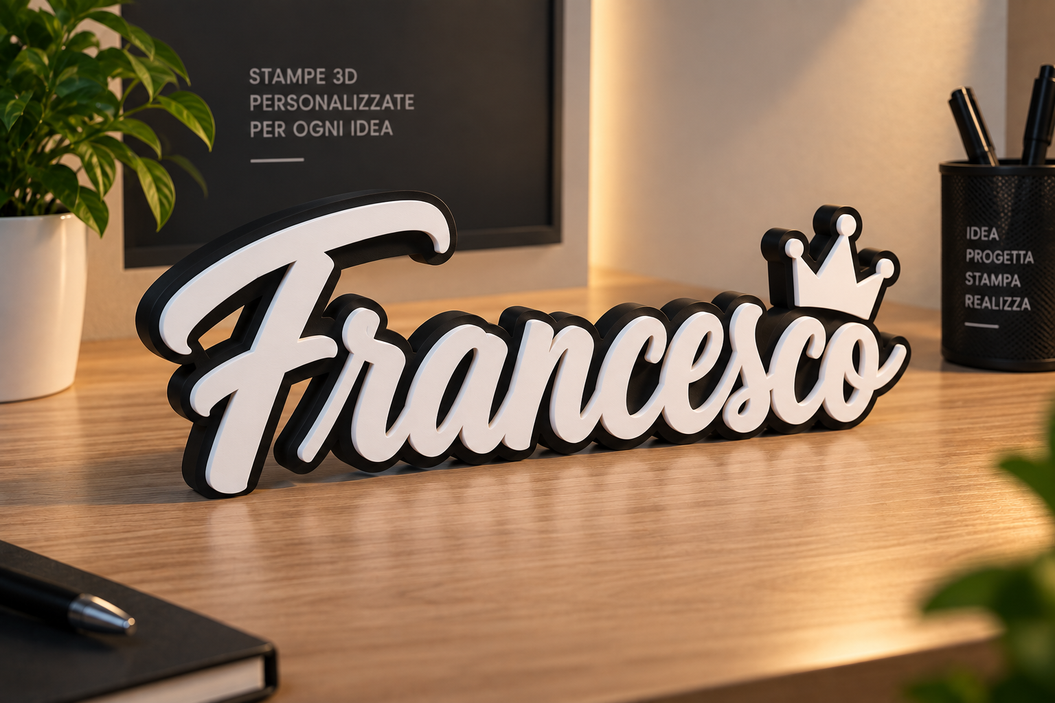 Scritta 3D Francesco bianca e nera con corona
